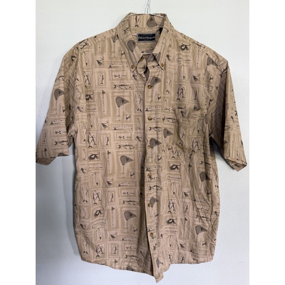 Field & Stream short-sleeve fishing print button-down shirt fish lures nets XL